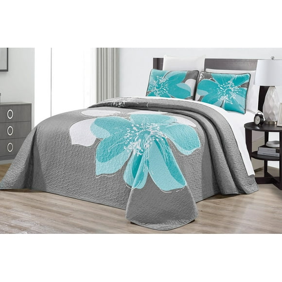 GrandLinen - 3-Piece Fine Printed Oversize (118 X 95) Quilt Set Reversible Bedspread Coverlet (California) Cal King Size Bed Cover (Aqua Blue, Grey, White Hibiscus Floral)