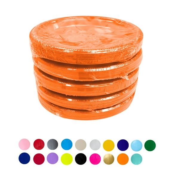 Olego 7" Round Orange Plastic Plates – 100 Count (5 packs of 20)