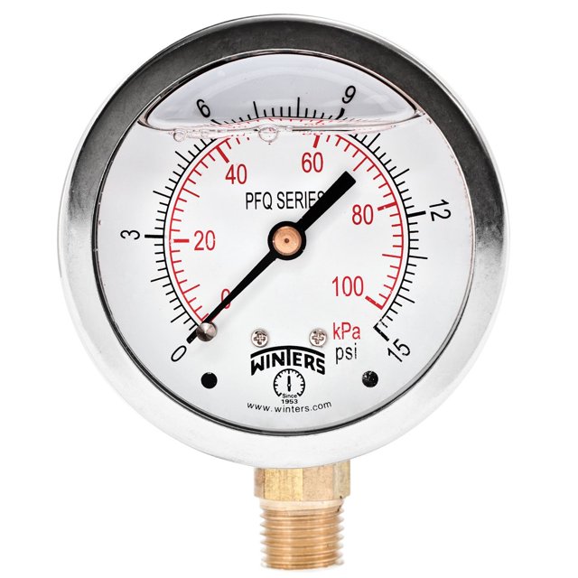 Manómetro Winters, esfera de 2,5 cm, lleno de líquido, 0-15 psi/kPa