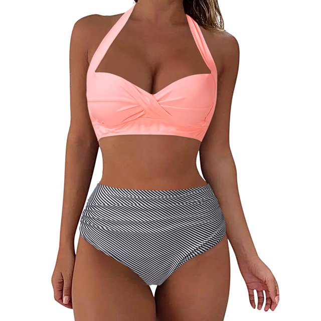 MKLEKYY Trajes De Baño Mujer Dos Piezas Women High Waisted Bikini Sexy Push Up Two Piece Swimsuits Vintage Swimsuit Two Piece Retro Ruched High Waist Print Bikini Set 1289