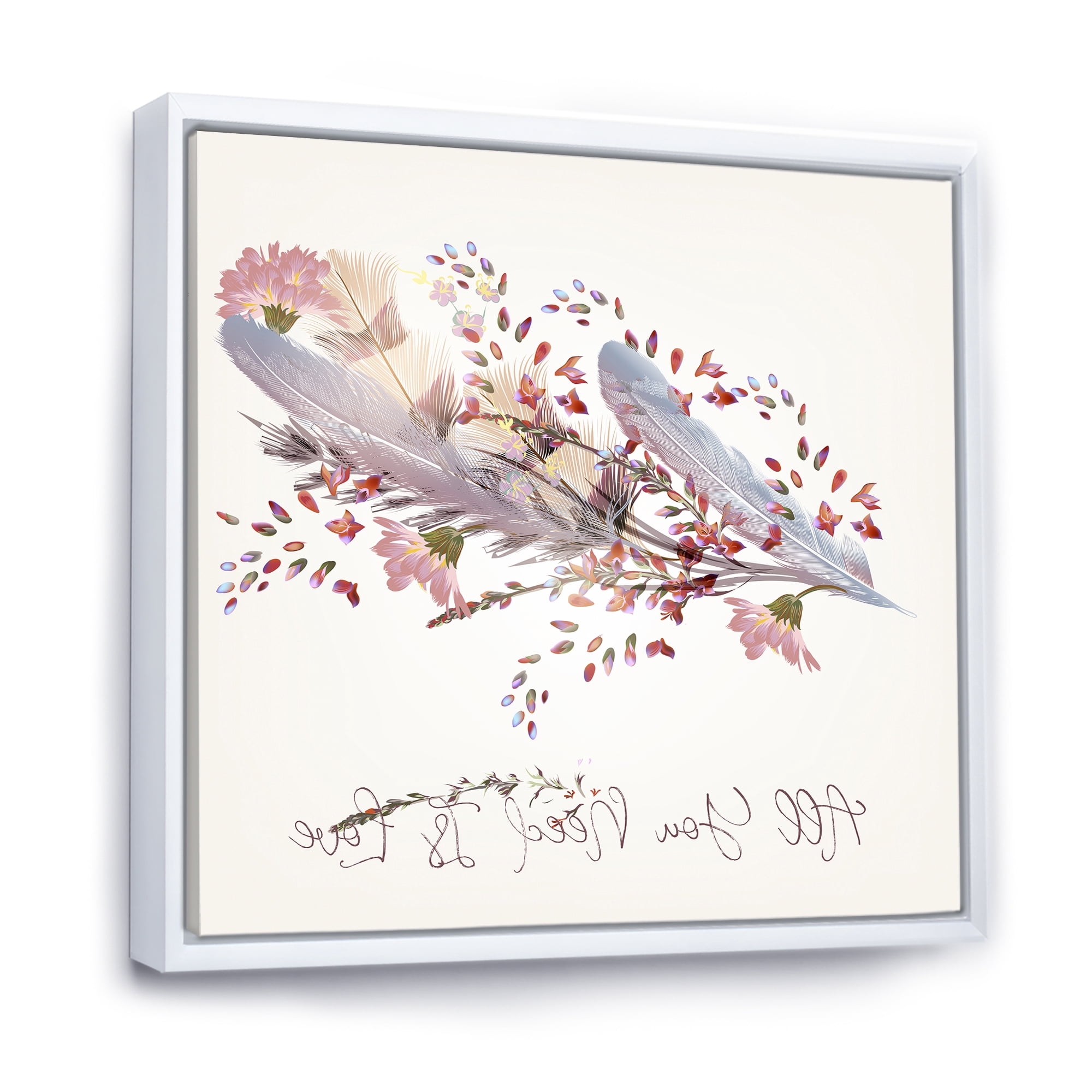 Designart 'Pink Feathers and Flowers All You Need Is Love' Bohemian & Eclectic Framed Canvas Wall Art Print