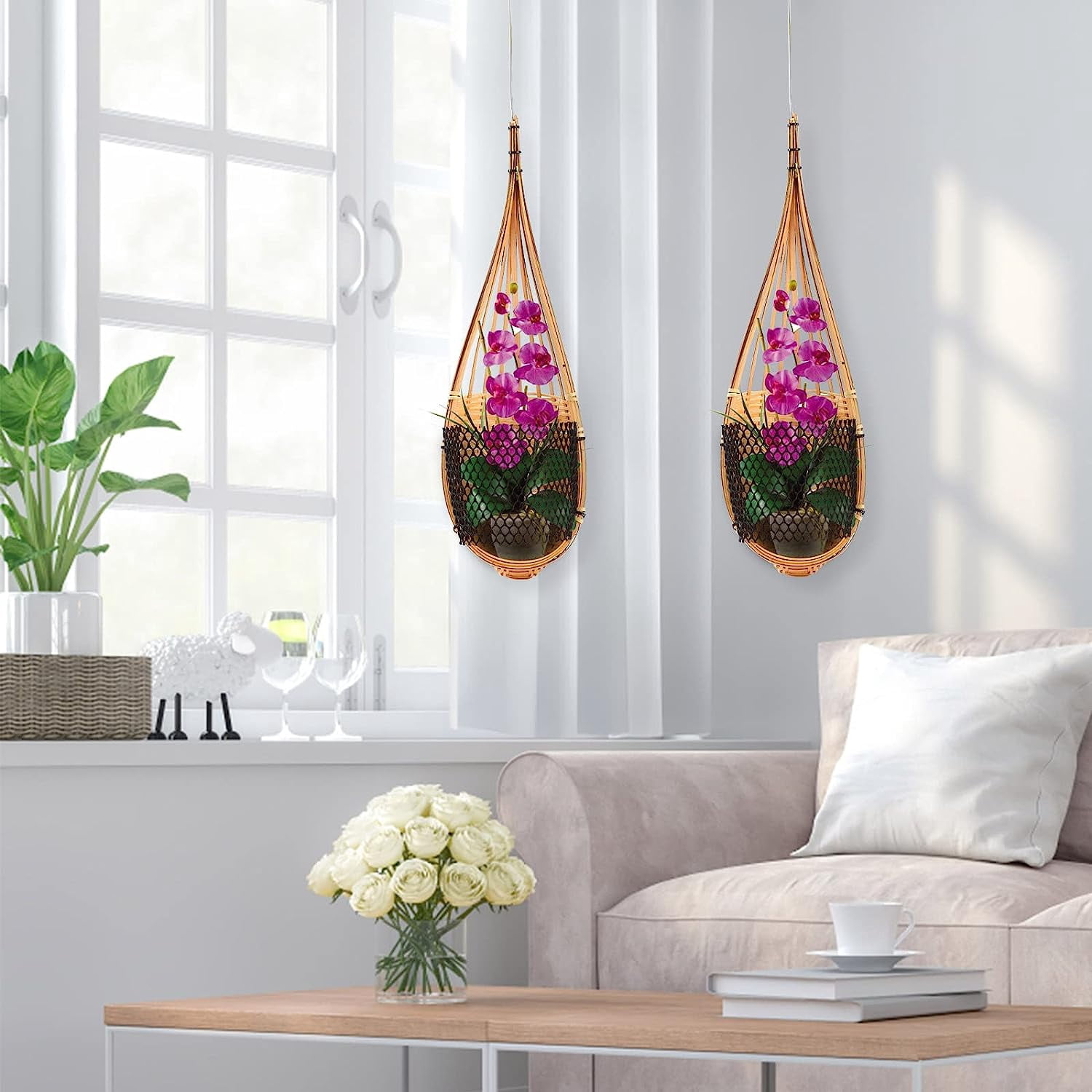 6PCS Orchid Hanging Planter Bamboo Woven 4.7 Inch Hanging Orchid Basket with Metal Hook, Bird Nest Style Plant Hangers for Trellis or Gazebo, Small Flower Plants Planter