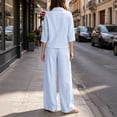 thumbnail image 6 of Costeam Womens Textured Woven Two Piece Outfit Lapel Collar 3 Quarter Sleeve Pocket Top And Elastic Waist Wide Leg Pants Loose Fit Solid Color Casual Co Ord Set, 6 of 7