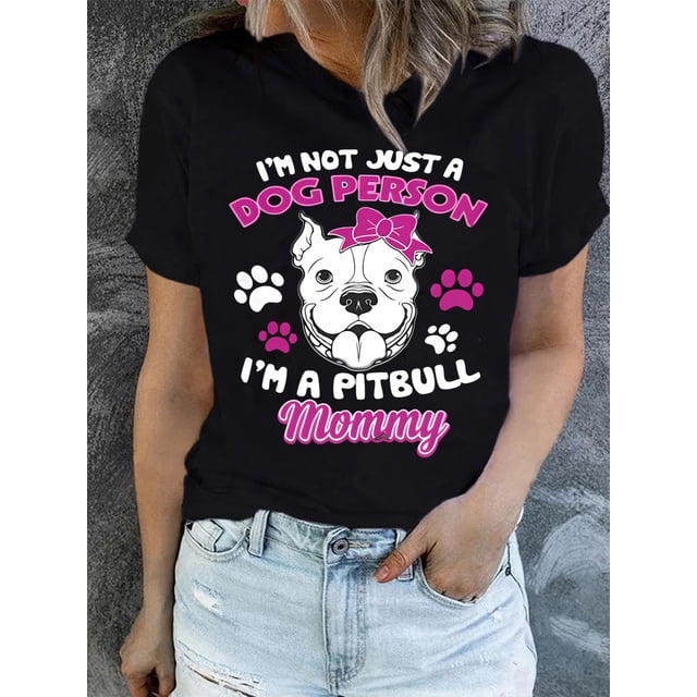 Pitbull Mommy Graphic Tee - Short Sleeve Polyester-Spandex Blend Knit T-Shirt, Casual Crew Neck Regular Fit Top for Women, Alphabetic Dog Lover Print - Summer Fashion Tee For Adult, Men, Women, Teen,