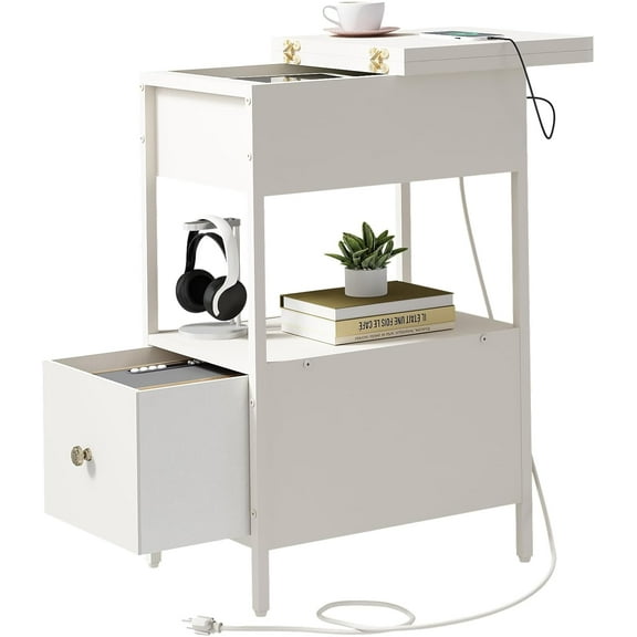 End Table with Charging Station, Narrow Side Table with Flip Top Cabinet and Fabric Drawer, Nightstand Bedside Tables for Small Spaces, Bedroom, Living Room, White
