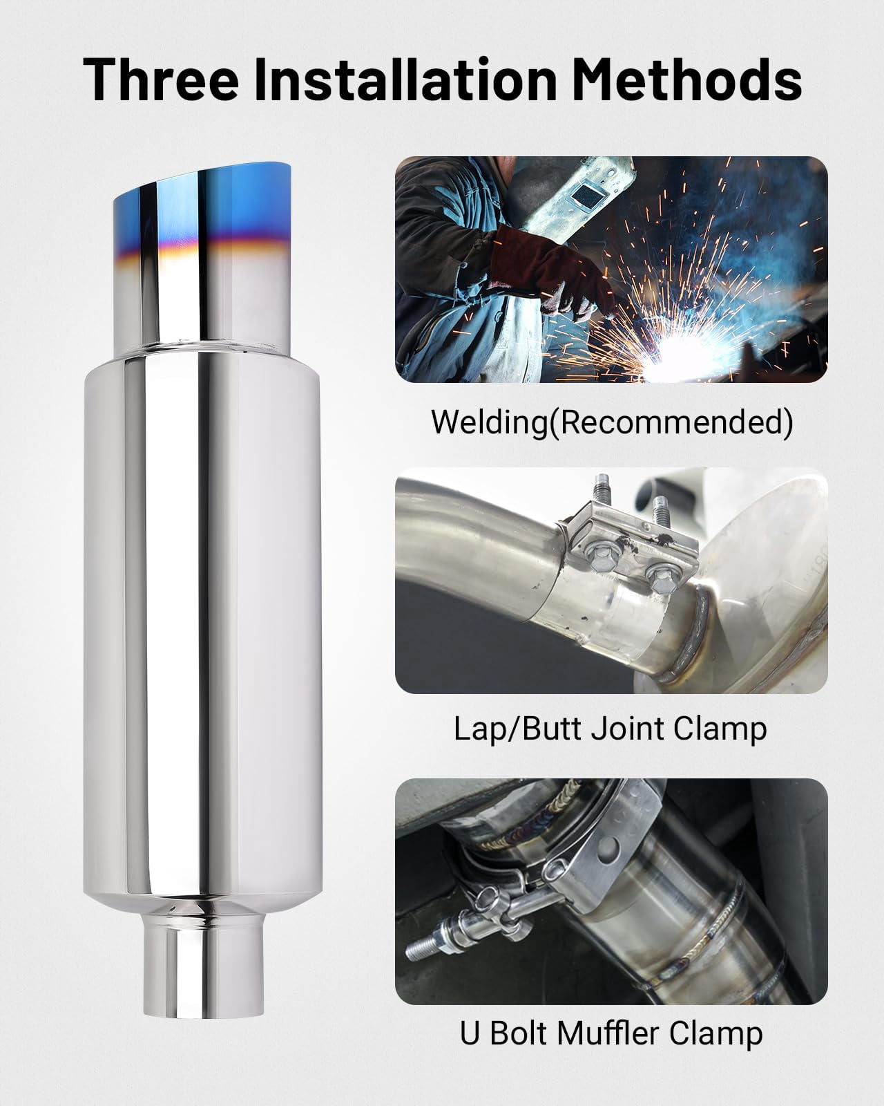 High Performance N1 Universal Exhaust Muffler - 2" Inlet, 3" Outlet, Straight Blue Burnt Tip, Moderate Sound for All Cars