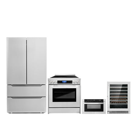 Cosmo 4 Piece Kitchen Appliance Package with 24  Built-In Microwave Drawer 30  Freestanding Electric Range 24  48 Bottle Single Zone Wine Cooler &amp; French Door Refrigerator Kitchen Appliance Bundles