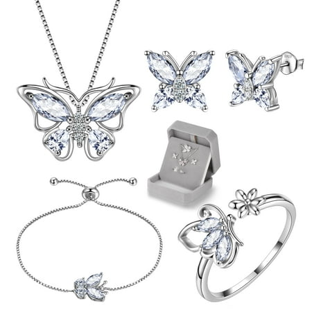 April Birthstone Jewelry Set Necklace/Earrings/Ring/Bracelet Butterfly Fine White Diamond Sterling Silver Women Xmas Birthday Mother's Day Gifts