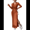 thumbnail image 3 of Vestido Maxi de Punto Acanalado con Cuello en V y Larga para Mujer, con Abertura en el Muslo y Ajustado. Marrón Rojizo L, 3 of 9