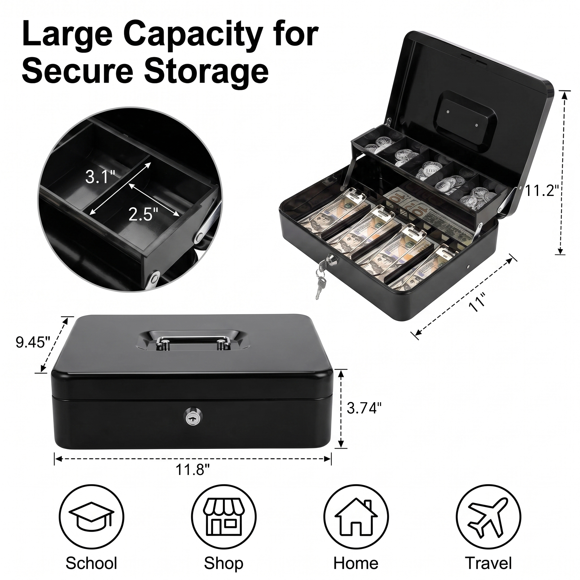 Alylo Large Metal Cash Box with Key Lock photo 5