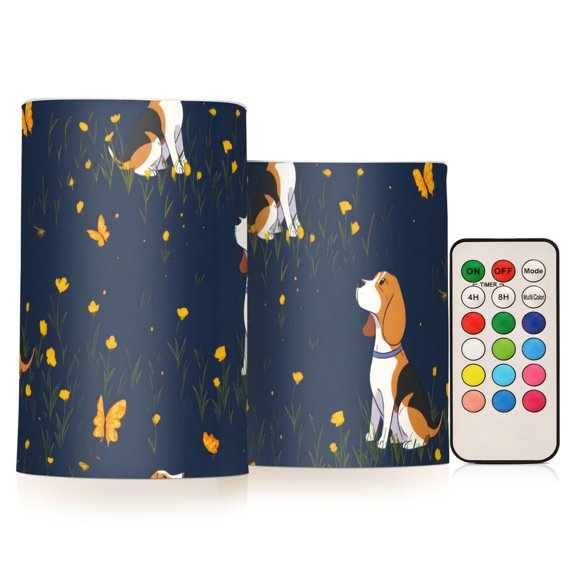 Dog and Garden Flameless LED Candle Set with Remote, Battery Operated Color Changing Pillar Candles, Set of 2