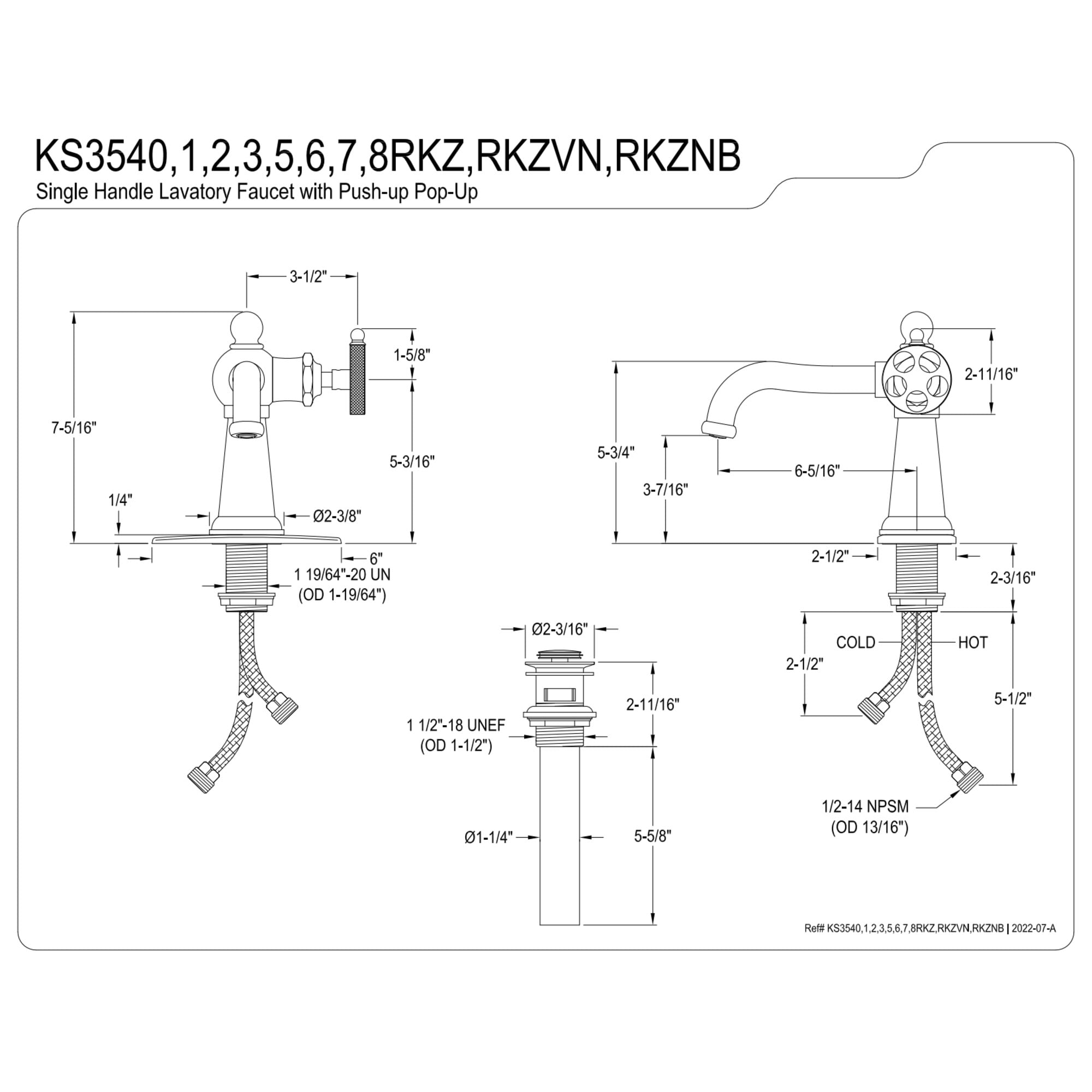Kingston Brass KSD3548RKZ Wendell One-Handle Single-Hole Bathroom Faucet with Knurled Handle and Push Pop-Up Drain, Brushed Nickel