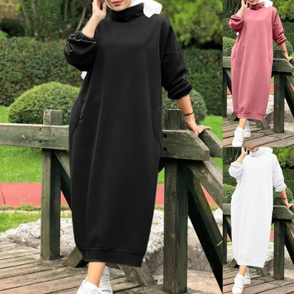 Olyvenn Womens Plus Size Long Sweatshirt Dress Lantern Sleeve Long Sleeve Prom Dress Fashion Elegant Solid Color House Dress Turtleneck Pockets Comfy Loose Casual Pencil Dress Smocked Black 4