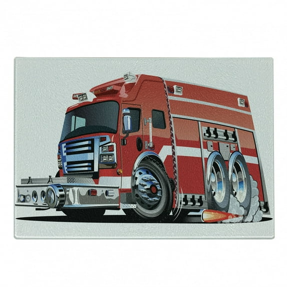 Cars Cutting Board, Big Truck Emergency Equipments Universal Safety Rescue Team Engine Cartoon, Decorative Tempered Glass Cutting and Serving Board, Small Size, Grey Red, by Ambesonne