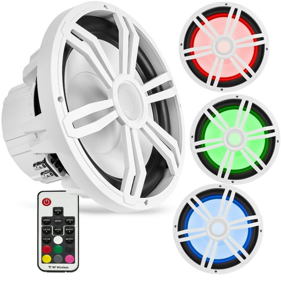 BELVA BMS12RW 1000W 12" Marine Subwoofer with RGB LED Lighting for Boats/ATV/UTV/SxS/Powersport