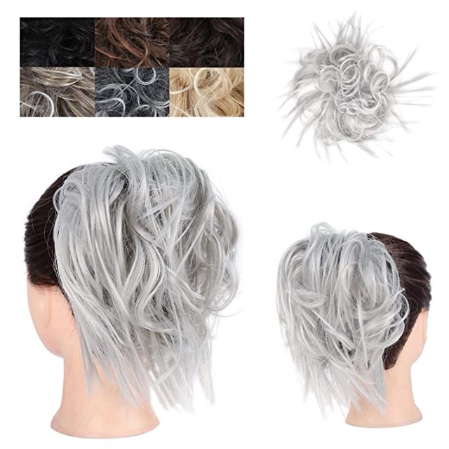 Chignons Pièce de Cheveux Extensions de Cheveux Synthétiques Chouchous Chignon pour Femmes Filles (#Gris, Chignon Décoiffé)