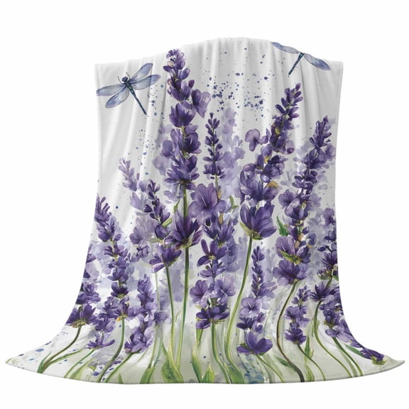 Purple Lavender Flower Throw Flannel Blanket Vintage Purple Lavender Floral Watercolor Dragonfly Super Soft Cozy Bed Blanket, Lightweight Plush Fuzzy Bed Throw for Bedroom Sofa Couch 40x50In,