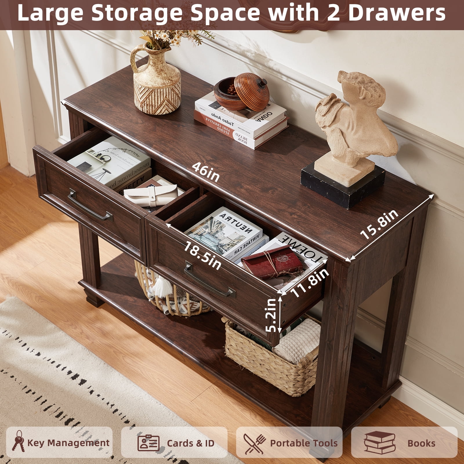 Buildhom 46" Farmhouse Console Table with 2 Drawers & Open Shelf, Rustic Wood Entryway Table for Living Room, Walnut