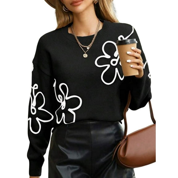 Women'S Off Shoulder Cable Knit Sweaters in Fall Pullover Cute Flower Crew Neck Long Sleeve Trendy Sweater Black XL