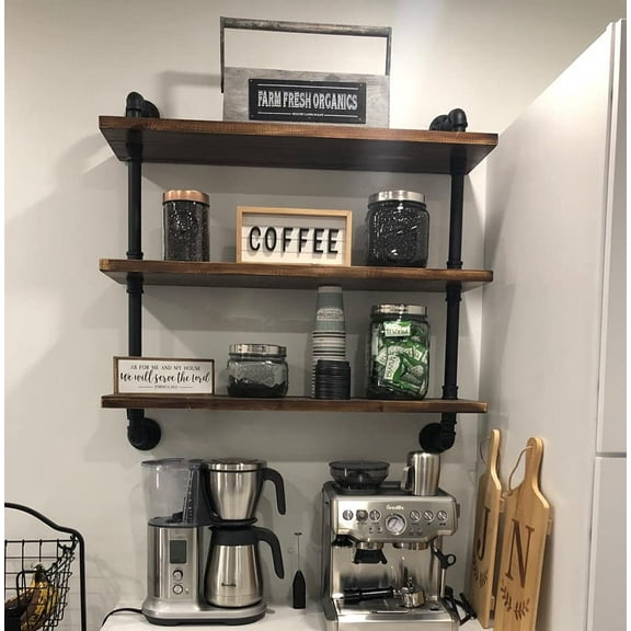 Industrial Pipe Shelves Rustic Wood Shelves 3 Tiers Modern Wall Mount Bathroom Shelf(Black,32 inch)