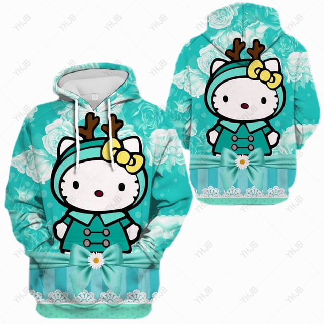 Chandail à Capuche Imprimé Hello Kitty Mignon pour Femmes Vintage Humour Dessin Animé Printemps Automne Chandail-Over HOEMLIN