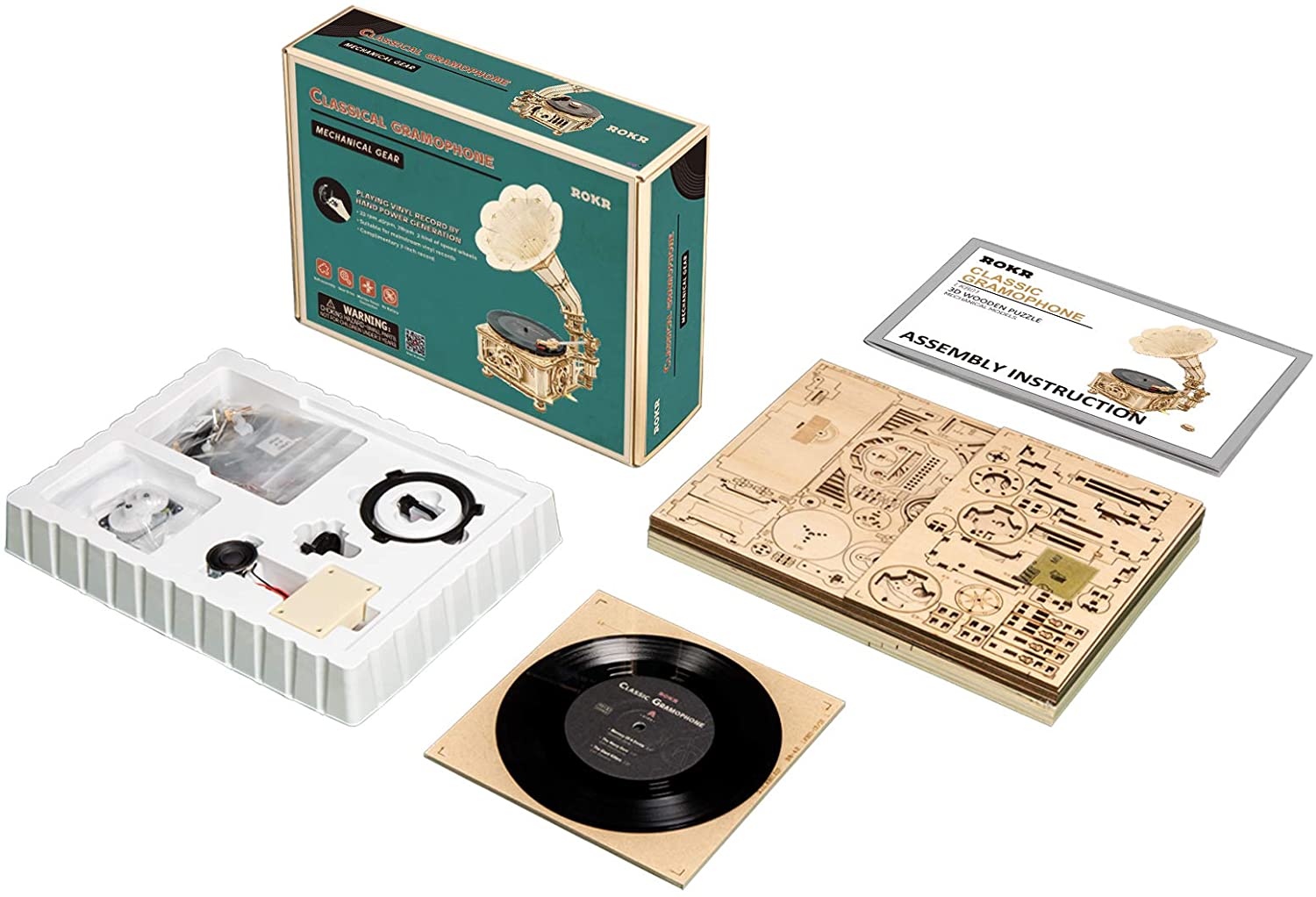 ROKR 3D Wooden Puzzles Automatic Record Player Gramophone Craft Model Kits for Adult to Build DIY Mechanical Birthday Gift for Friends or Fa＿並行輸入