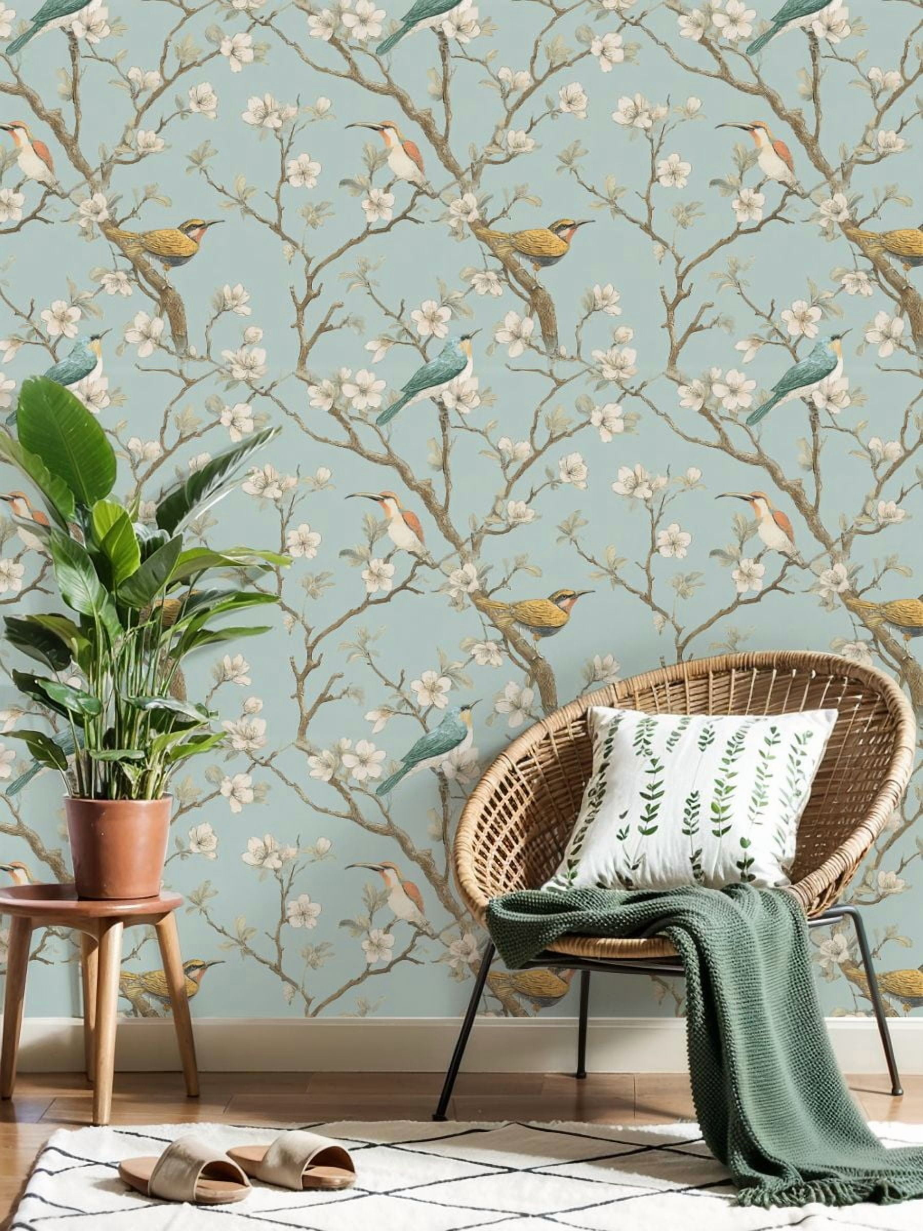 Peel and Stick Wallpaper 23.6in x 9.8ft Chinoiserie Style Birds Blossoms Light Blue Seamless Contact Paper Vinyl Self-Adhesive Removable Wall Paper for Bedroom DIY Home Decor Renter Friendly