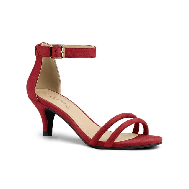 BLISSFUL STEP Chaussures pour Femmes en Faux Suède à Bride à la Cheville à Talon Kitten à Enfiler Brides Sandales Unies Rouge 8.5