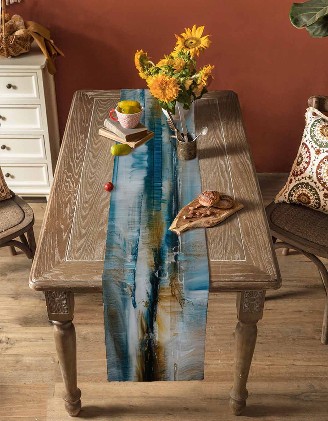 nqOlkjepod Turquoise Gradient Table Runner 70 Inches Long Farmhouse Dress Scarves, Abstract Modern Luxury Ombre Painting Dining Tablerunner for Coffee Table/Kitchen Island/Party Décor, 13" x 70"