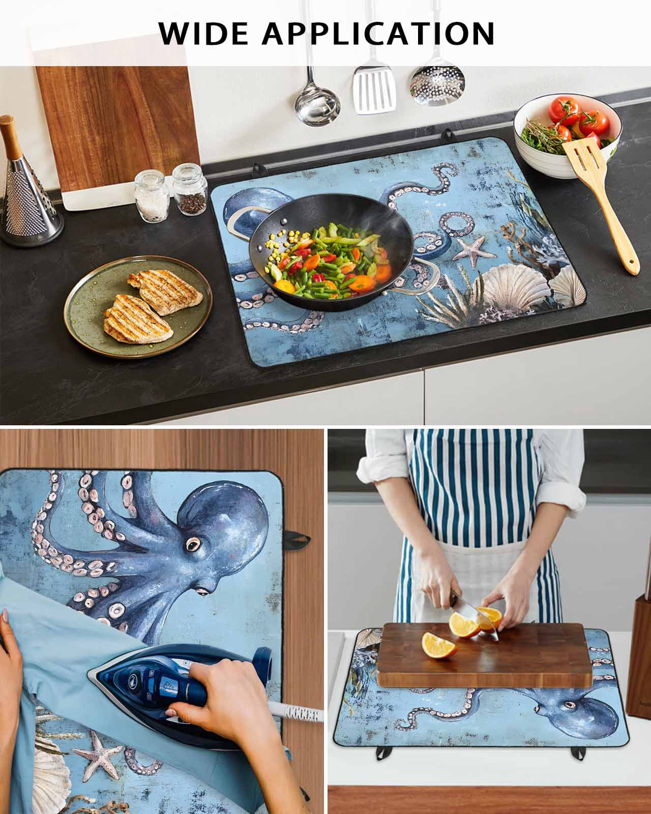 nqOlkjepod Large Induction Cooktop Protector Mat 24"x21", Octopus Stove Top Covers for Electric Stove, Blue Ocean Coastal Starfish Shell Coral Retro Stove Burner Cover Mats, Glass Top Stove Cover