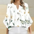 thumbnail image 2 of White Women Vneck Tshirts Brunch Tee Tops for Women Ruffle 3/4 Length Bell Sleeve Flower Graphic Loose Fit Pleated Summer Fall Tee Shirt 2025 Clothes M, 2 of 4