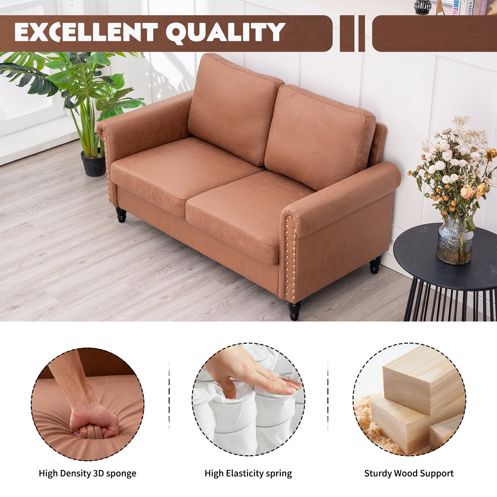 57 Loveseat Sofa,2 Seat Couch with Faux Leather Fabric,Small Couches for Small Spaces with Solid Wood Legs,Comfy Love Seat Sofa for Living Room,Bedroom,Apartment