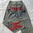 thumbnail image 1 of Womens Polyester Printed Oversized Baggy Wide Leg High Waist Full Length Jeans, 1 of 10