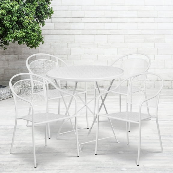 Flash Furniture Commercial Grade 30" Round White Indoor-Outdoor Steel Folding Patio Table Set with 4 Round Back Chairs
