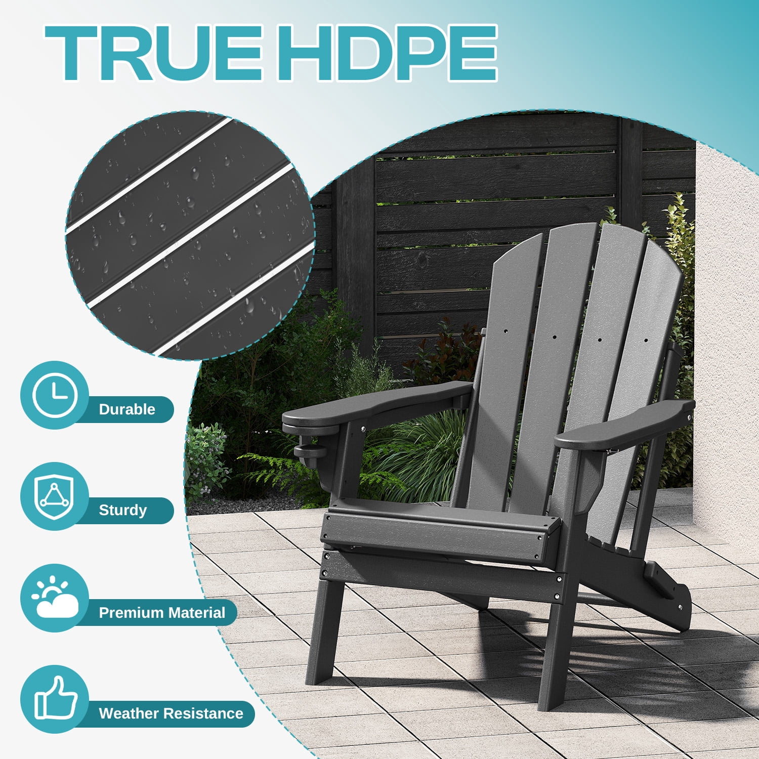 FODINGHILL Outdoor Folding Adirondack Chair, HDPE All Weather Patio Chair with Cup Holder for Deck Backyard Garden, Grey
