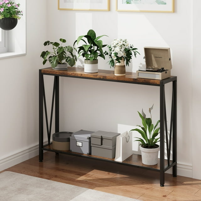 Industrial-Style Narrow Long Entryway Console Table with 2-Tier Shelves -V-Shaped Design Slim Sofa Tables with Sturdy Metal Frame, Perfect for Hallway, Living Room, Foyer, Office