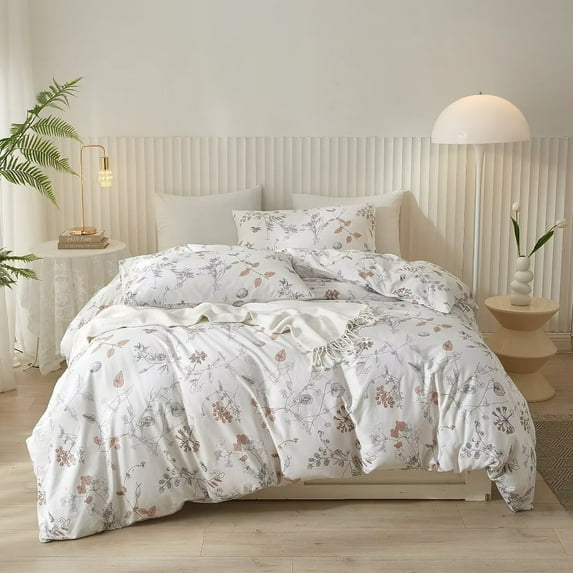 PinkMemory Cotton Flower Duvet Cover Set Queen Size White Garden Style Botanical Branches Flower Comforter Cover with Pillowcases for Teens Adult Ultra Soft Zipper Closure and Corner Ties
