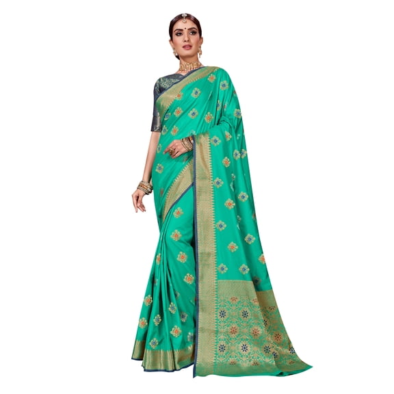 Sarees for Women Banarasi Art Silk Woven Saree | Ethnic Indian Wedding Gift Sari with Unstitched Blouse Teal