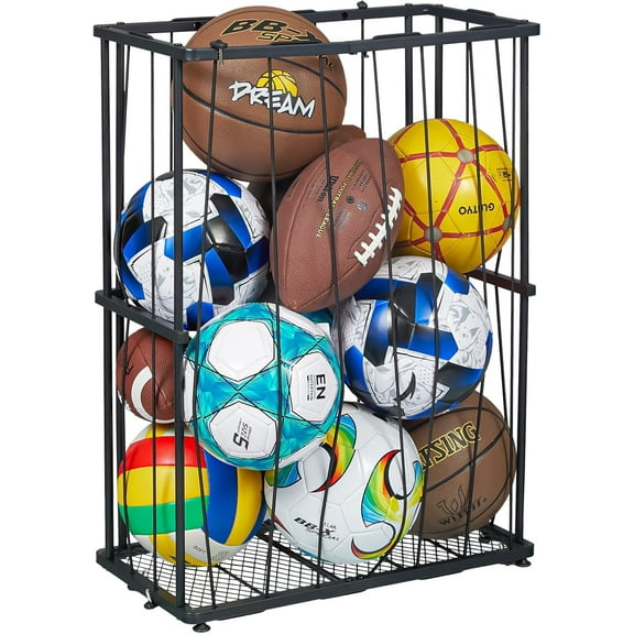 Garage Ball Storage Wall-Mounted & Floor Sports Equipment Organizer: Sports Ball Rack with Elastic Rope, Holder for Basketball, Soccer, Volleyball, Football, Garage, Gym, Black(Patent Pending)
