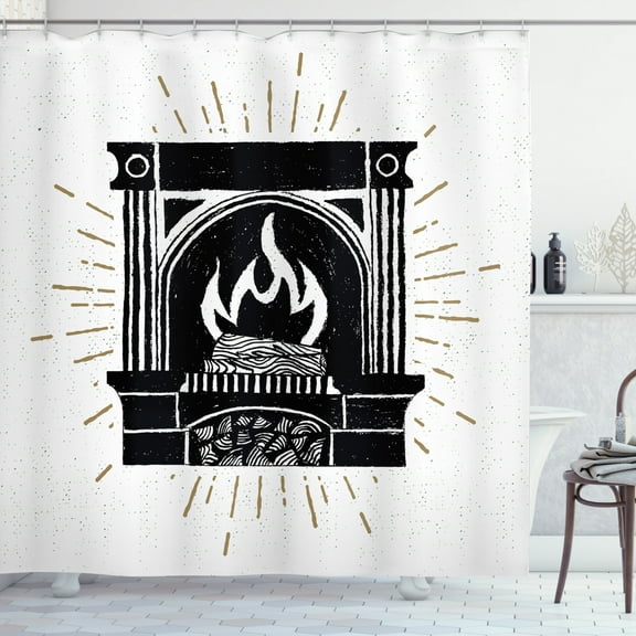 Fireplace Shower Curtain, Vintage Monochrome Design Log Fire Pictogram with Tiny Lines, Fabric Bathroom Set with Hooks, 69W X 70L Inches, Charcoal Grey Dark Khaki White, by Ambesonne