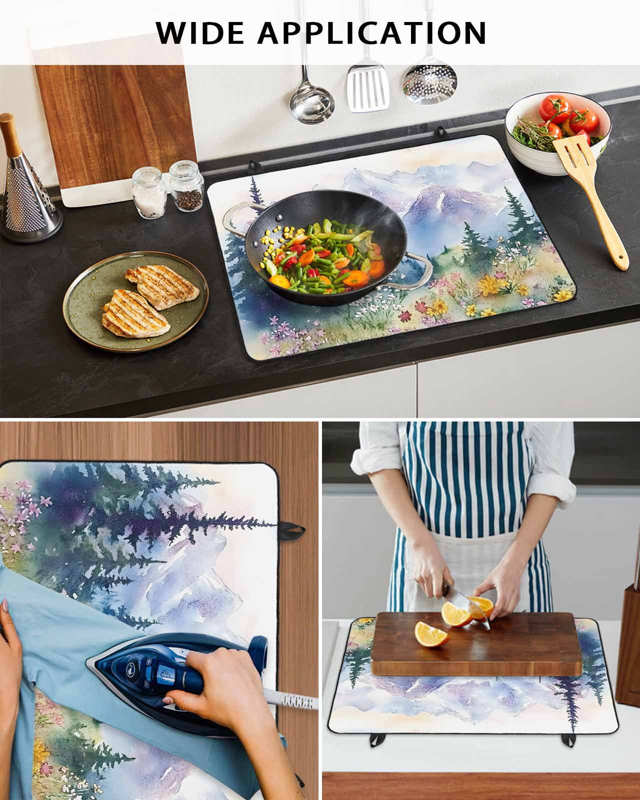 nqOlkjepod Large Induction Cooktop Protector Mat 24"x21", Forest Mountains Stove Top Covers for Electric Stove, Watercolor Natural Flower Tree Stove Burner Cover Mats, Glass Top Stove Cover