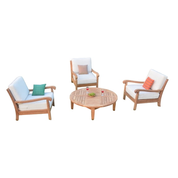 Napa 4 Pc Lounge Chair Set: 3 Lounge Chairs & 46" Sack Round Coffee Table With Cushions in Sunbrela Fabric #57003 Canvas White