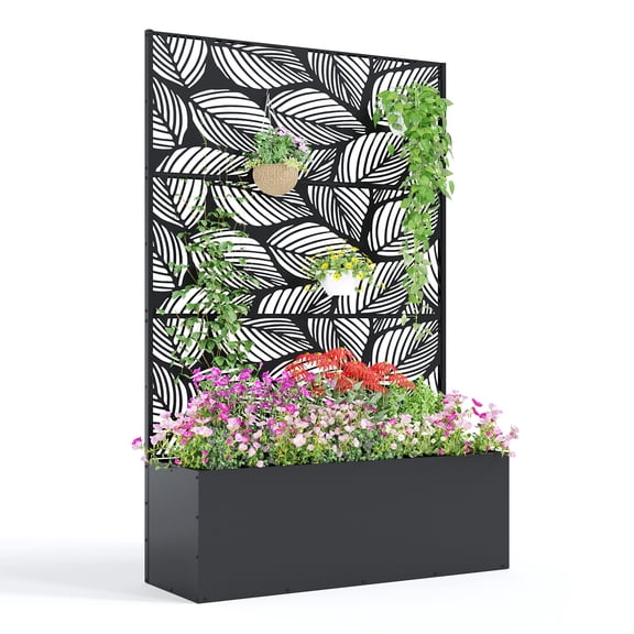 16”Deep Galvanized Metal Planter Box with Trellis – Patio Privacy Screen Planter with Drainage Holes for Climbing Plants, Vines & Vegetables-Style C,no Wheels