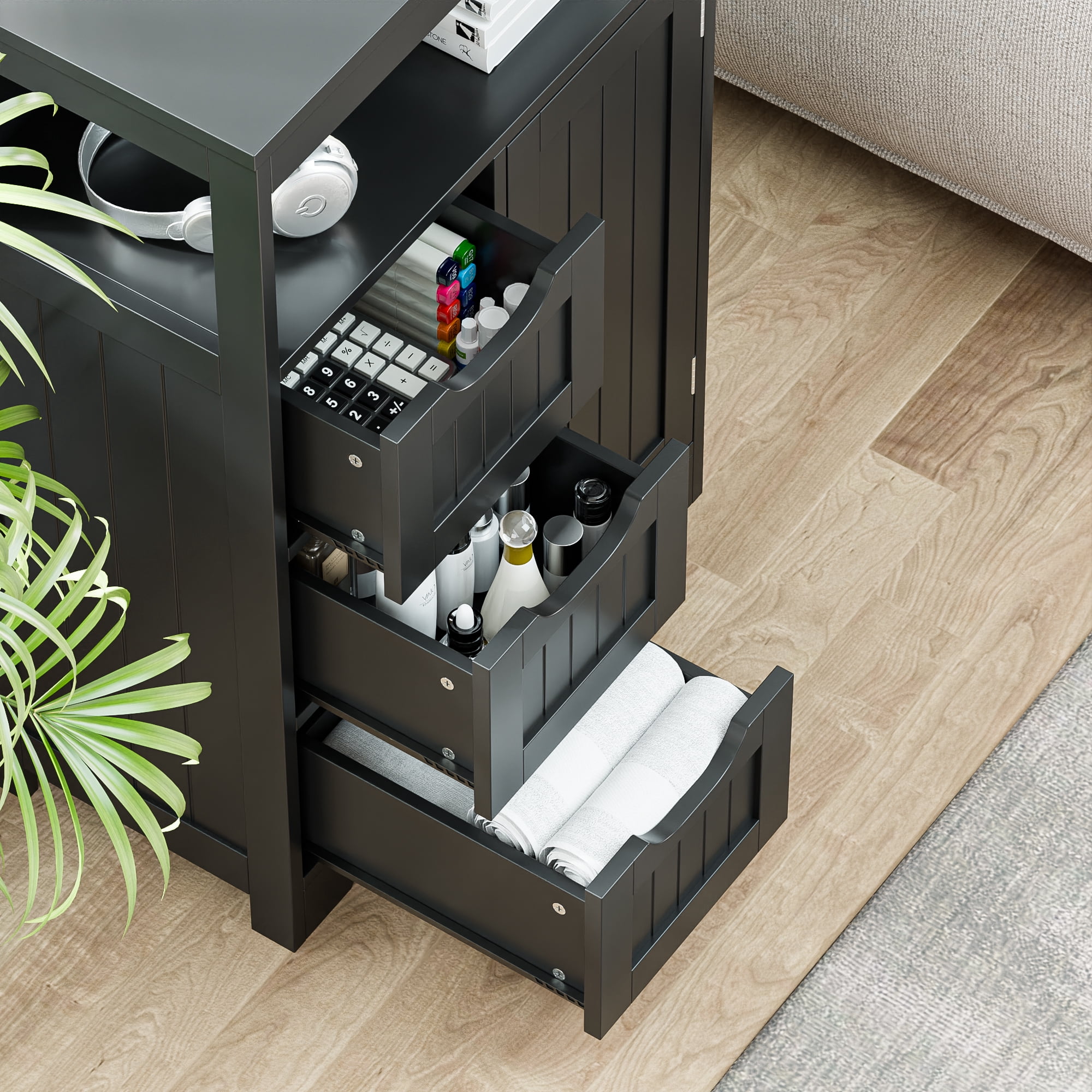 HomGarden Bathroom Floor Storage Cabinet Modern Wooden Kitchen Cupboard W/Adjustable Shelf & 3 Drawers, Black
