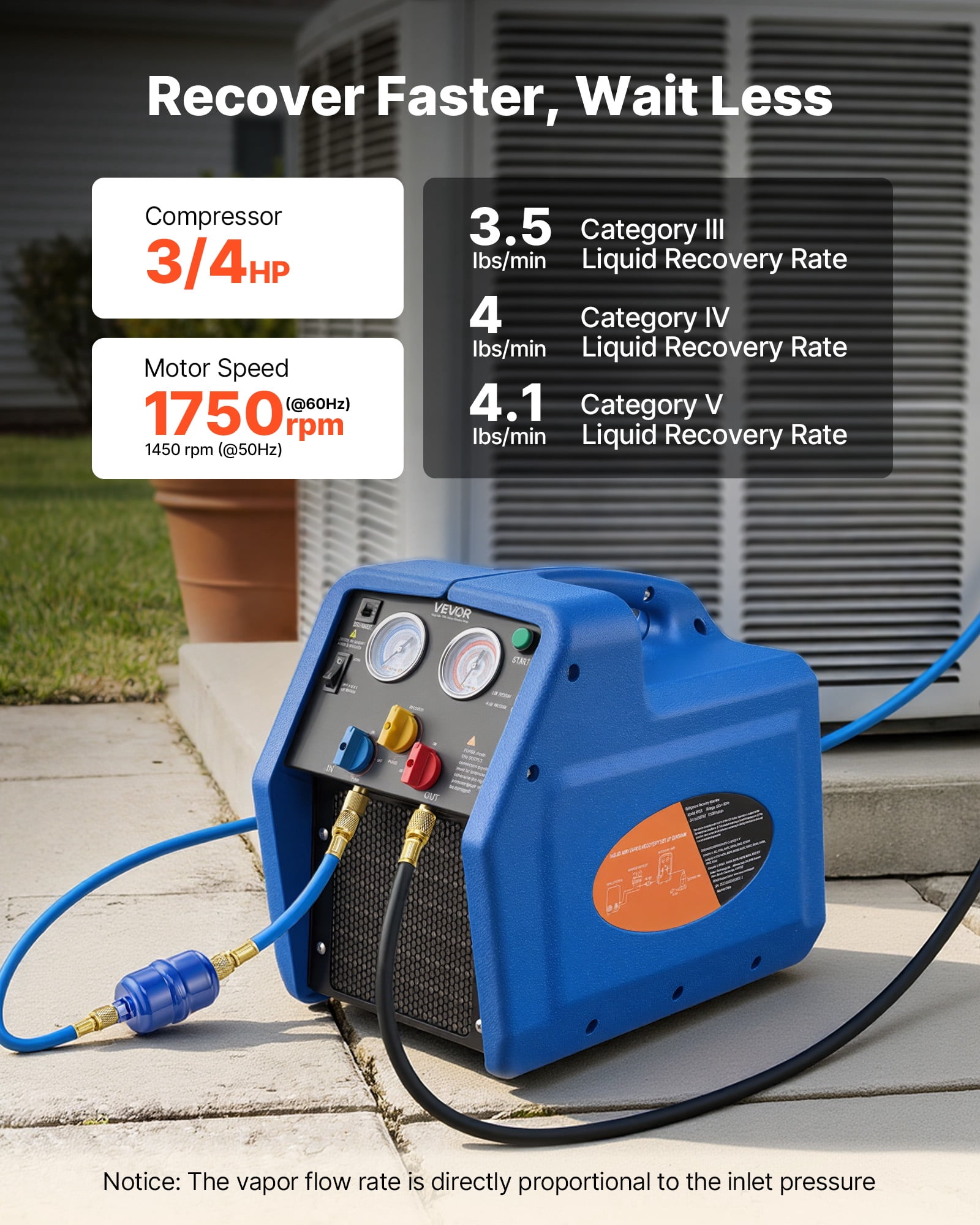 VEVOR Portable Refrigerant Recovery Machine, 3/4 HP 110V 60Hz Single Cylinder AC Recovery Machine for Liquid Vapor Refrigerant,1750 RPM Recycling Unit HVAC for Automotive & Household Air Conditioning