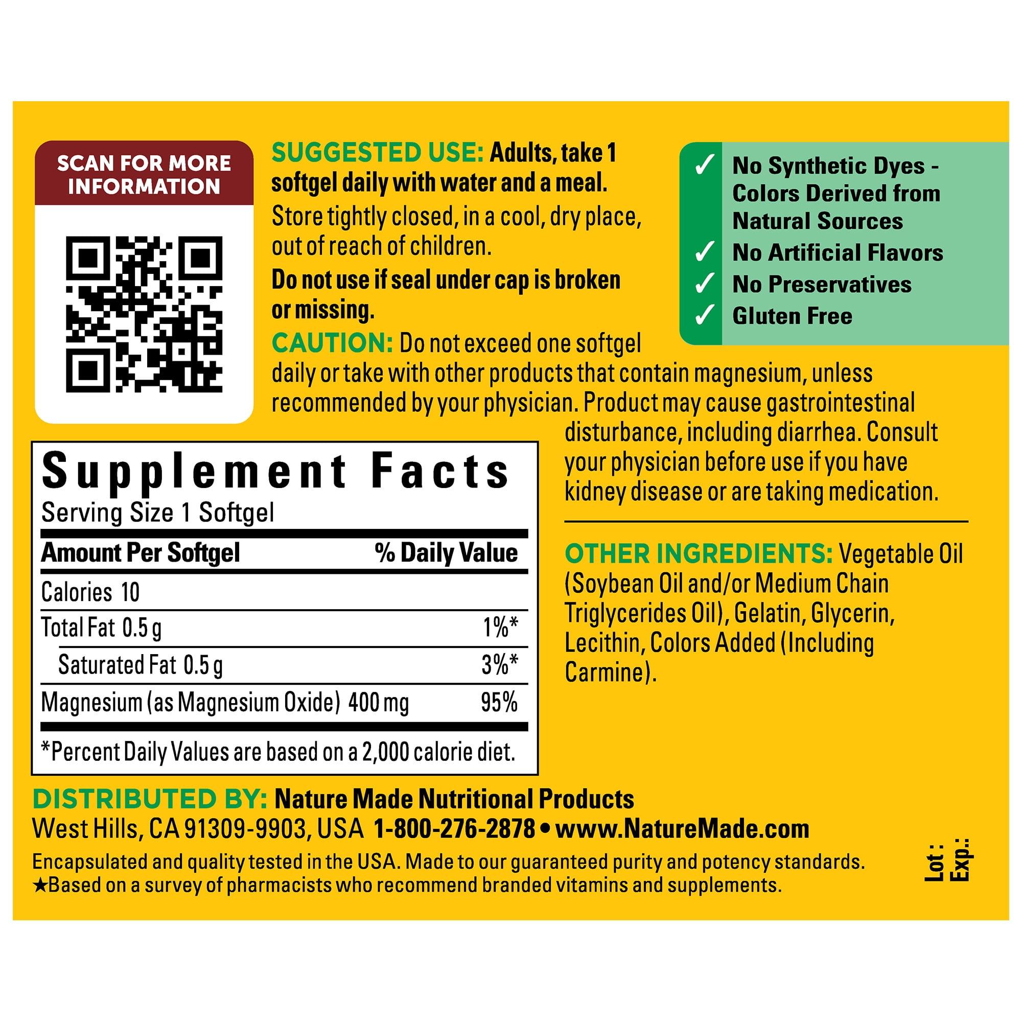 Nature Made Extra Strength Magnesium Oxide 400 mg Softgels, Dietary Supplement, 60 Count
