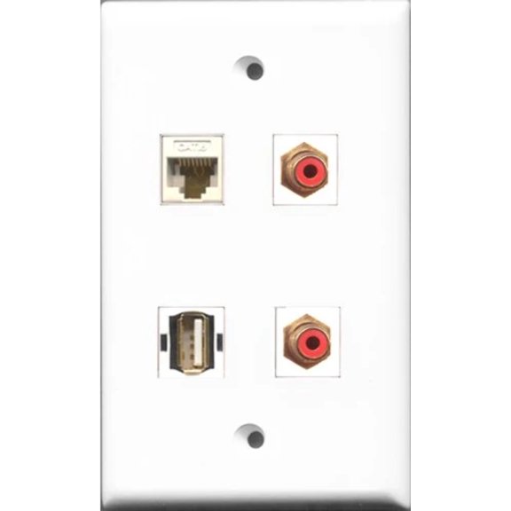 RiteAV - 2 Port RCA Red and 1 Port USB A-A and 1 Port Cat6 Ethernet White Wall Plate