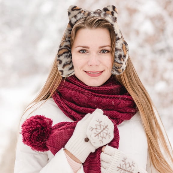 FENGGUIQU Leopard Print Plush Ear Muffs for Women and Girls, Warm Winter Accessories for Outdoor Activities, 9.5 Inch