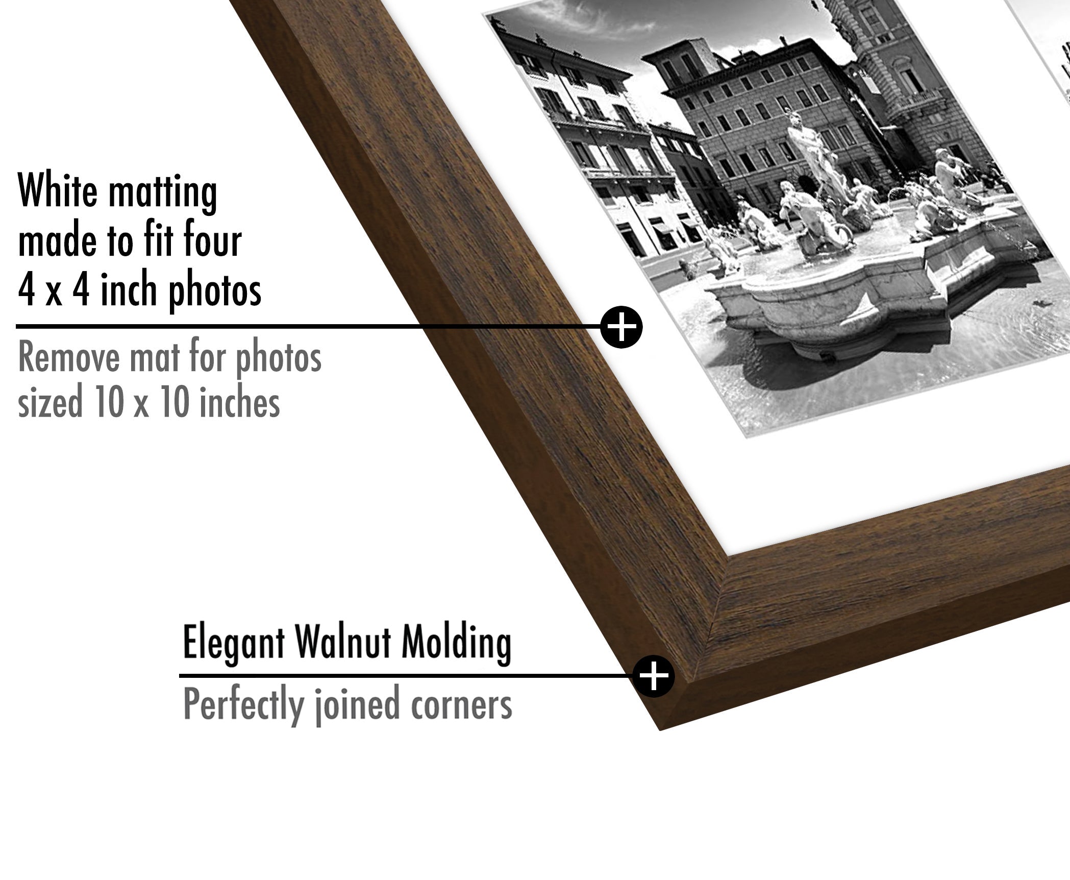 10x10 Collage Picture Frame in Walnut With Four 4x4 Inch Openings - Composite Wood with Shatter Resistant Glass - Horizontal and Vertical Formats for Wall