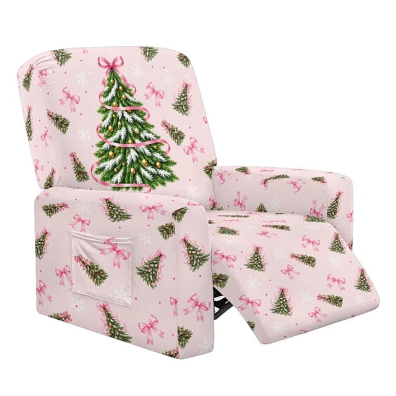 Jeiento Pink Christmas Tree Recliner Chair Covers Washable 4-Pieces Non Slip with Pocket Furniture Protector for Living Room